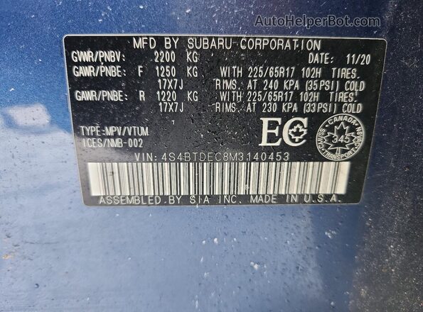 4S4BTDEC8M3140453 2021 SUBARU OUTBACK Blue Вид підкапотного простору