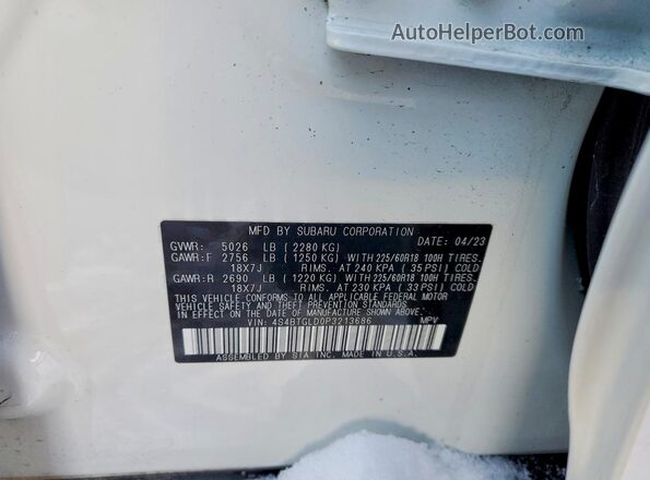 4S4BTGLD0P3213686 2023 SUBARU OUTBACK White VIN կոդի պիտակի տեսք