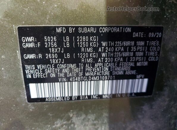 4S4BTGLD4M3109701 2021 SUBARU OUTBACK Green 