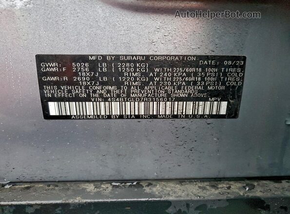 4S4BTGLD7R3156017 2024 SUBARU OUTBACK Silver Вид наклейки з VIN-кодом