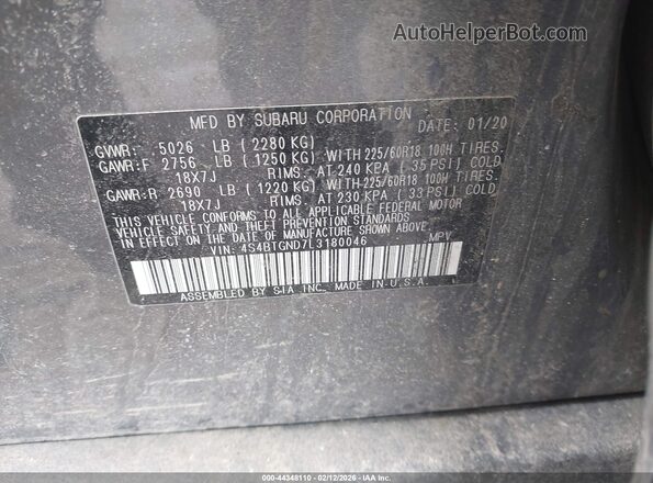 4S4BTGND7L3180046 2020 SUBARU OUTBACK Gray ძრავის განყოფილების ხედი