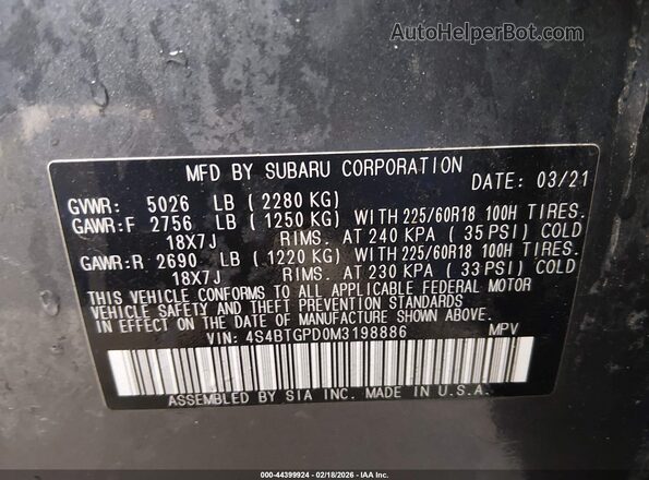 4S4BTGPD0M3198886 2021 SUBARU OUTBACK Gray 