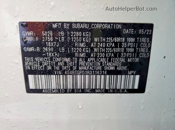 4S4BTGPD1R3116316 2024 SUBARU OUTBACK White VIN sticker view