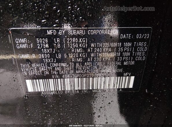 4S4BTGPD2P3200092 2023 SUBARU OUTBACK Black Widok komory silnika