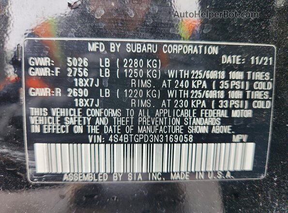 4S4BTGPD3N3169058 2022 SUBARU OUTBACK Черный 