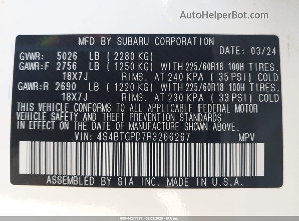 4S4BTGPD7R3266267 2024 SUBARU OUTBACK White Vista del compartimento del motor