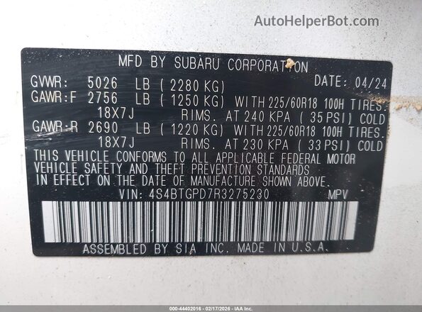 4S4BTGPD7R3275230 2024 SUBARU OUTBACK White Вид підкапотного простору