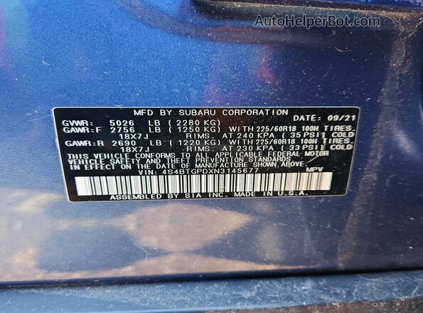 4S4BTGPDXN3145677 2022 SUBARU OUTBACK Blue 
