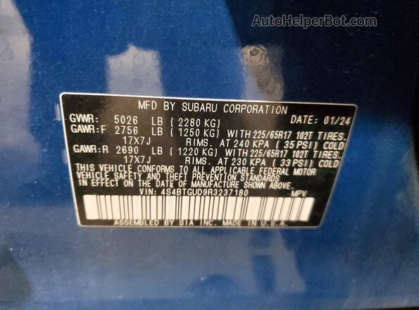 4S4BTGUD9R3237180 2024 SUBARU OUTBACK Blue Vista interior de 360 grados