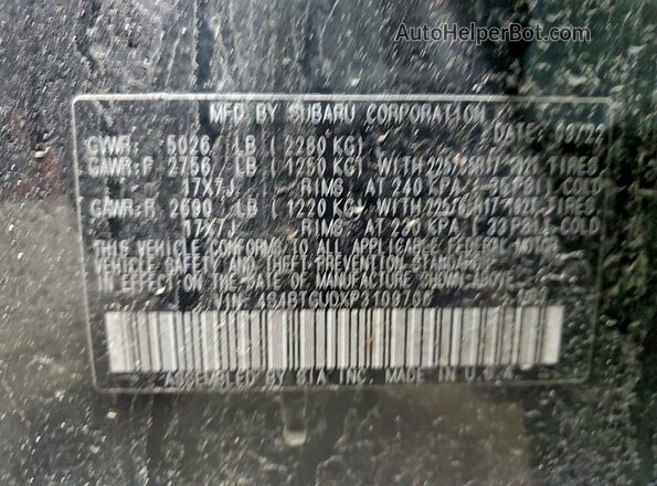 4S4BTGUDXP3109706 2023 SUBARU OUTBACK Black VIN կոդի պիտակի տեսք