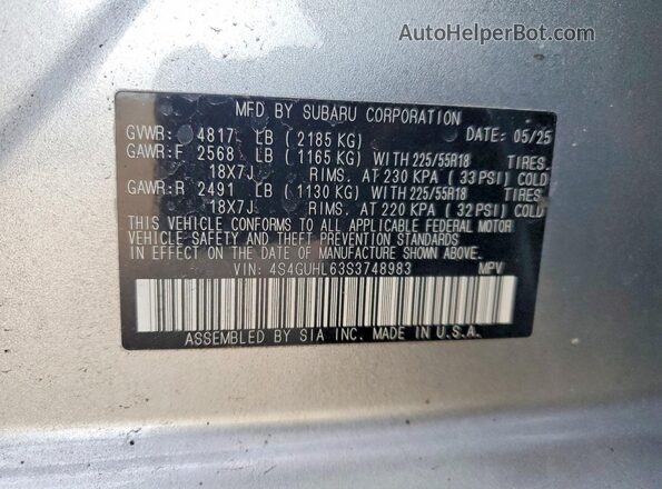 4S4GUHL63S3748983 2025 SUBARU CROSSTREK Silver Вид наклейки з VIN-кодом