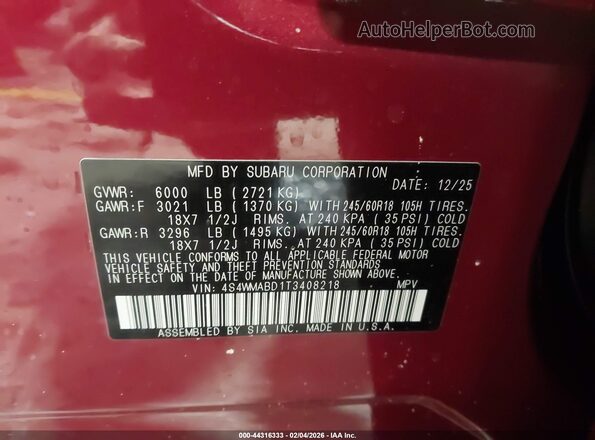 4S4WMABD1T3408218 2026 SUBARU ASCENT Burgundy Vista del compartimento del motor