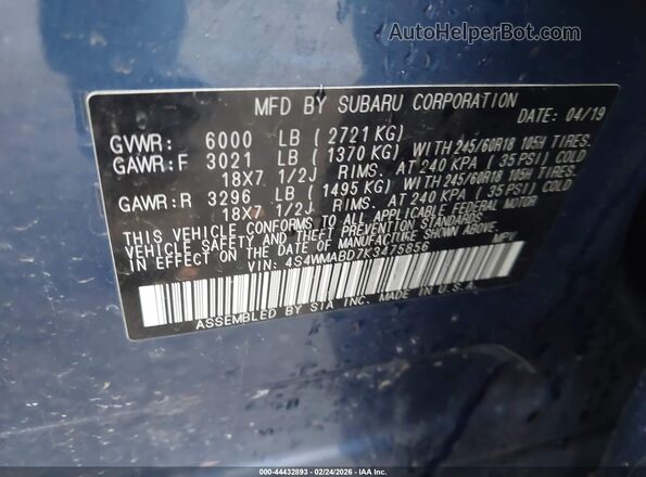 4S4WMABD7K3475856 2019 SUBARU ASCENT Blue Engine compartment view