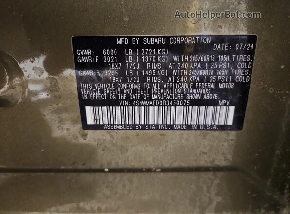 4S4WMAED0R3450075 2024 SUBARU ASCENT Green Vista de la etiqueta del VIN