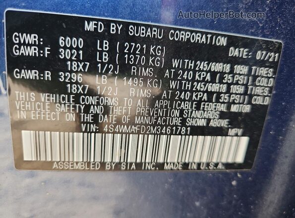 4S4WMAFD2M3461781 2021 SUBARU ASCENT Blue 