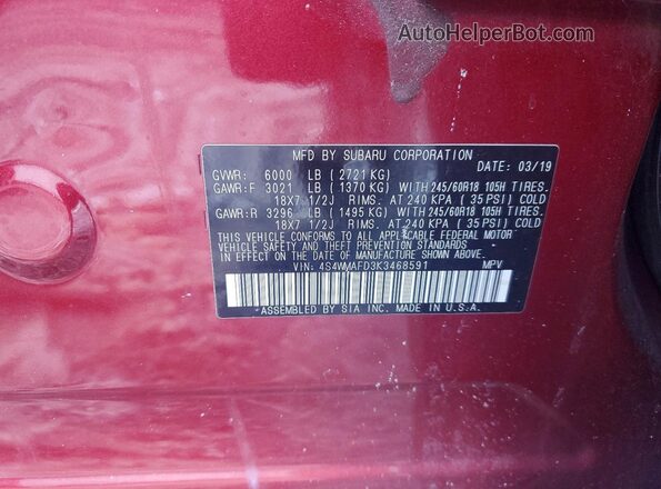 4S4WMAFD3K3468591 2019 SUBARU ASCENT Burgundy VIN կոդի պիտակի տեսք