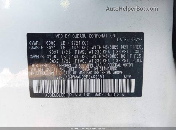 4S4WMAKD2P3462391 2023 SUBARU ASCENT White ძრავის განყოფილების ხედი