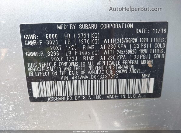 4S4WMALD0K3437223 2019 SUBARU ASCENT Silver ძრავის განყოფილების ხედი