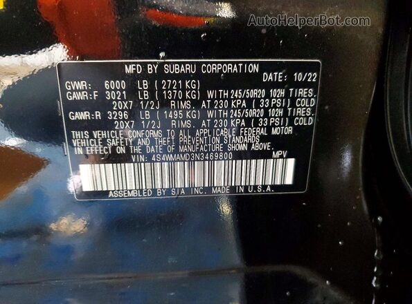 4S4WMAMD3N3469800 2022 SUBARU ASCENT Black Vista de la etiqueta del VIN