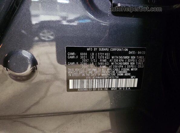 4S4WMAND8P3435756 2023 SUBARU ASCENT Серый Вид наклейки с VIN-кодом
