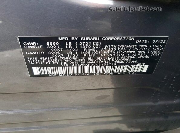 4S4WMAPD0N3452738 2022 SUBARU ASCENT Charcoal Панорамний вид салону 360°