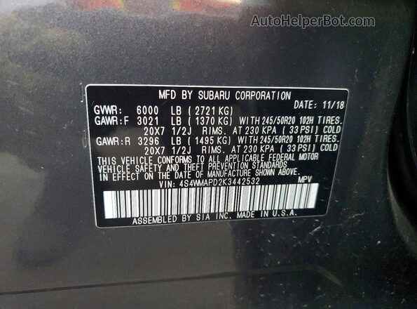 4S4WMAPD2K3442532 2019 SUBARU ASCENT Угольный 