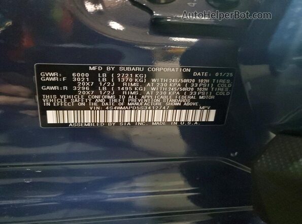 4S4WMAPD5S3412747 2025 SUBARU ASCENT Blue Вид наклейки з VIN-кодом