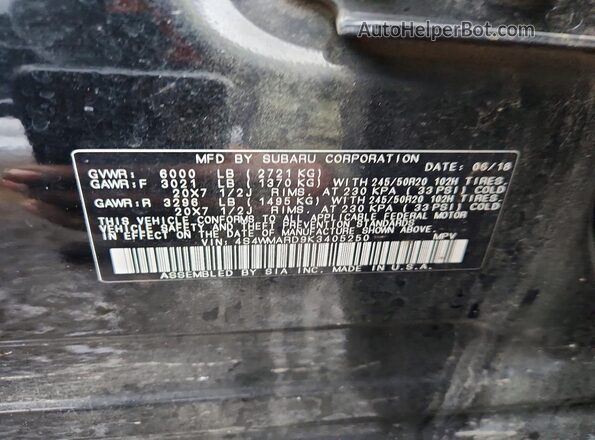 4S4WMARD9K3405250 2019 SUBARU ASCENT Black 