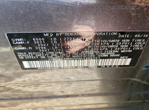 4S4WMARD9K3486251 2019 SUBARU ASCENT Серый 