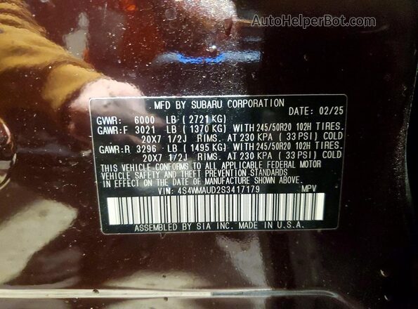 4S4WMAUD2S3417179 2025 SUBARU ASCENT Purple Vista de la etiqueta del VIN