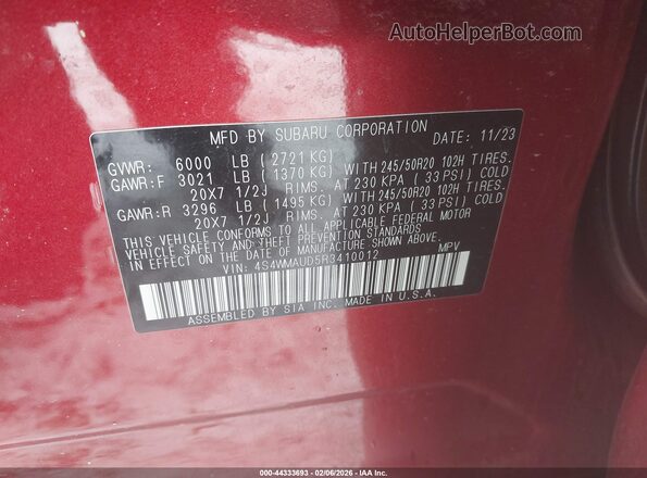 4S4WMAUD5R3410012 2024 SUBARU ASCENT Red Շարժիչի բաժամունքի տեսք