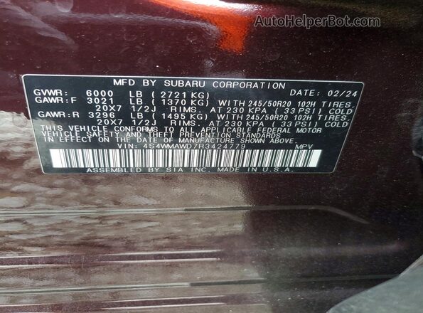 4S4WMAWD7R3424779 2024 SUBARU ASCENT Maroon VIN კოდის სტიკერის ხედი