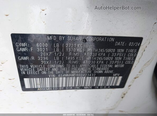 4S4WMAWD8R3423432 2024 SUBARU ASCENT Белый Вид подкапотного пространства