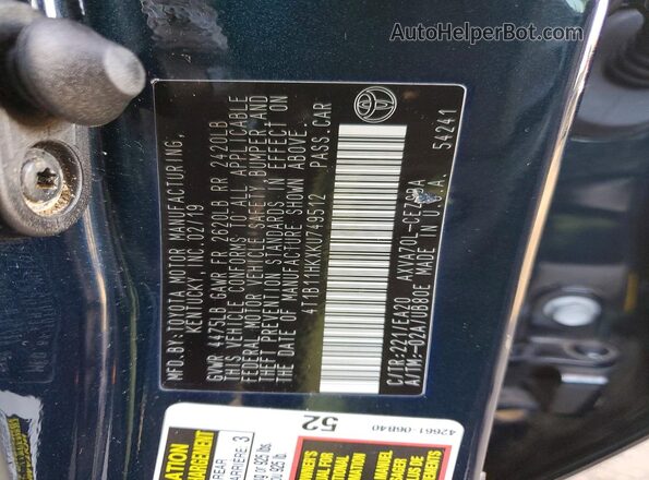 4T1B11HKXKU749512 2019 TOYOTA CAMRY Black 