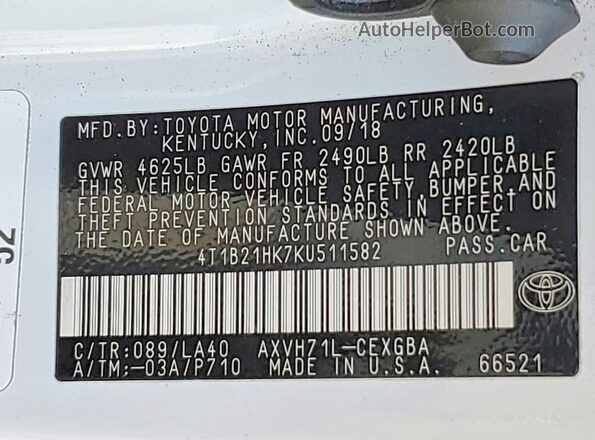 4T1B21HK7KU511582 2019 TOYOTA CAMRY Белый 