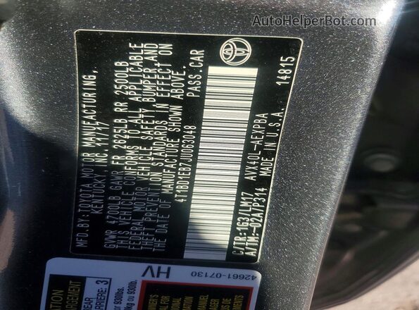 4T1BD1EB7JU063048 2018 TOYOTA AVALON Charcoal VIN კოდის სტიკერის ხედი