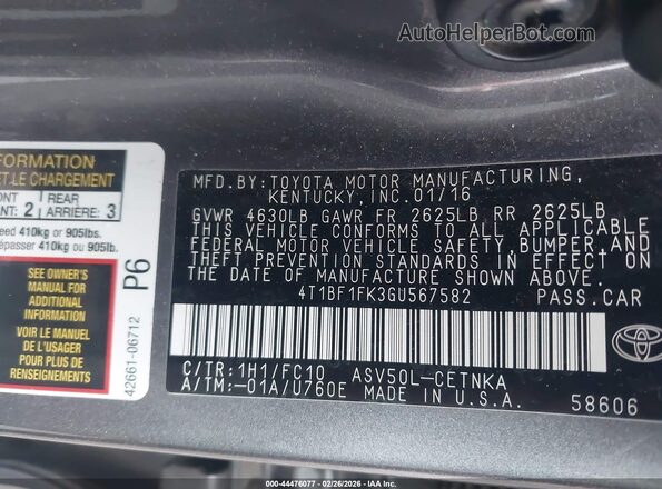 4T1BF1FK3GU567582 2016 TOYOTA LE Серый Вид подкапотного пространства