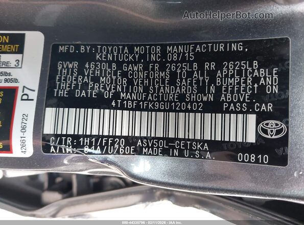 4T1BF1FK9GU120402 2016 TOYOTA CAMRY Gray 