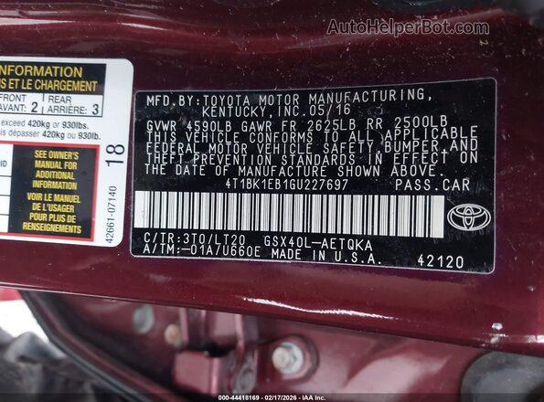4T1BK1EB1GU227697 2016 TOYOTA AVALON Burgundy Вид підкапотного простору