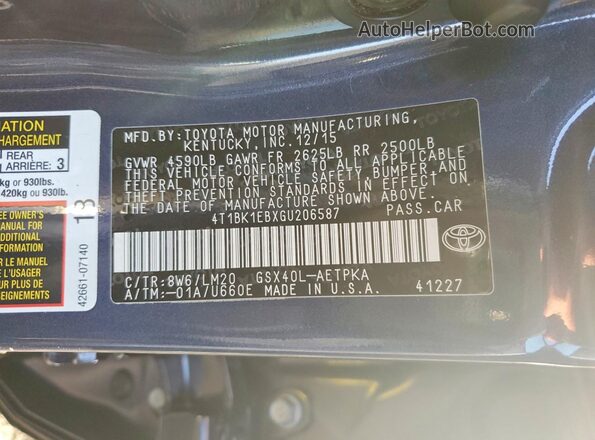 4T1BK1EBXGU206587 2016 TOYOTA LE Blue Widok komory silnika