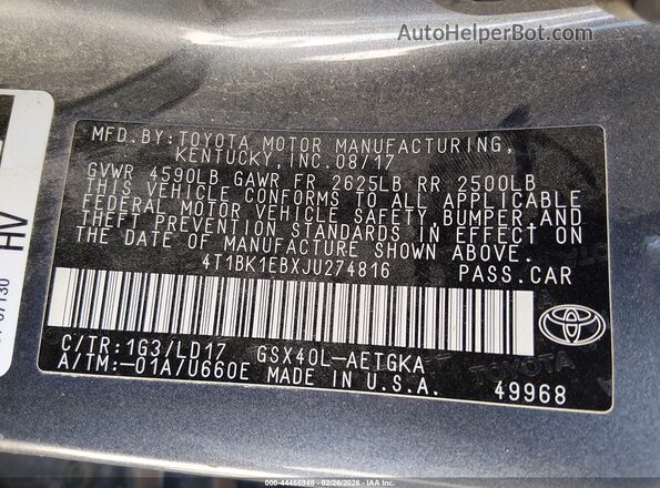 4T1BK1EBXJU274816 2018 TOYOTA LE Gray Widok komory silnika