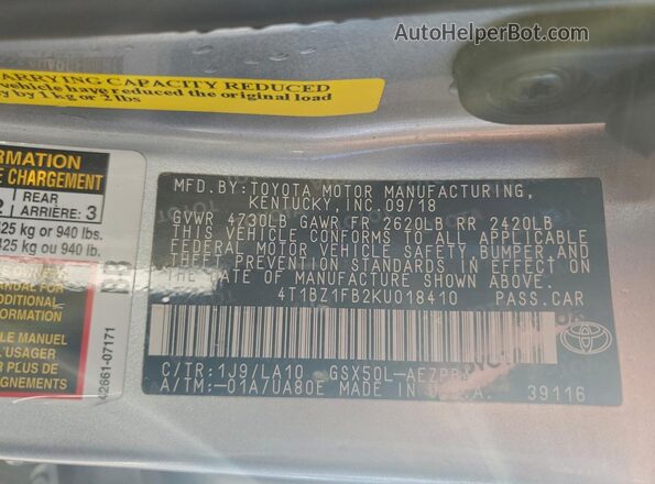 4T1BZ1FB2KU018410 2019 TOYOTA LE Gray 