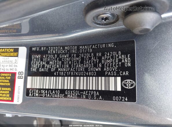 4T1BZ1FB7KU024803 2019 TOYOTA LIMITED Серый 
