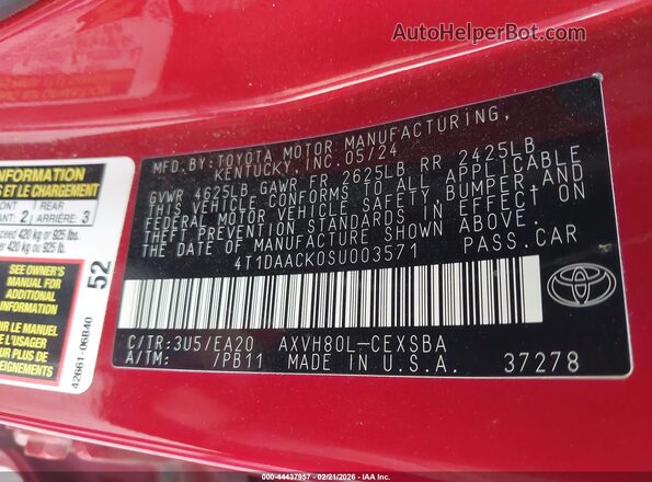 4T1DAACK0SU003571 2025 TOYOTA CAMRY Red Շարժիչի բաժամունքի տեսք