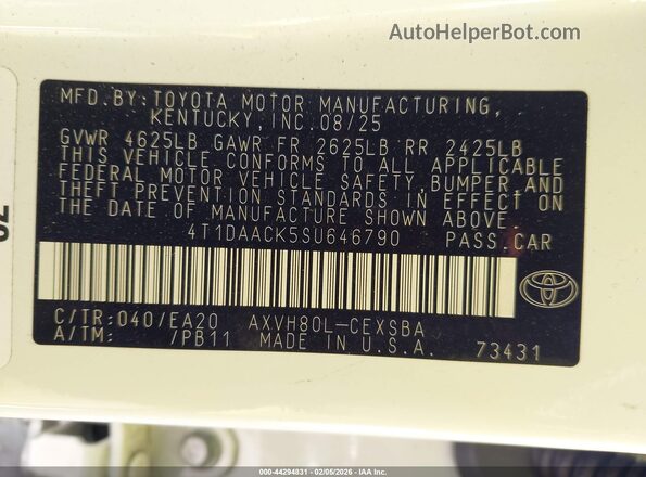 4T1DAACK5SU646790 2025 TOYOTA CAMRY White Widok komory silnika