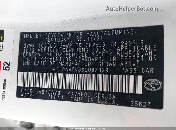 4T1DAACK6SU087329 2025 TOYOTA CAMRY White Вид підкапотного простору