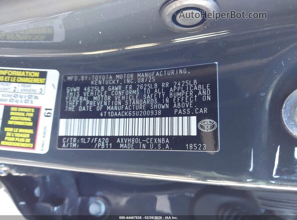 4T1DAACK6SU200938 2025 TOYOTA LE Gray Engine compartment view