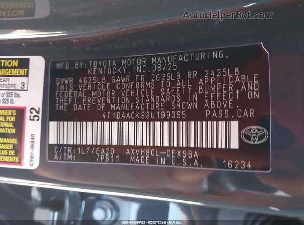 4T1DAACK8SU199095 2025 TOYOTA CAMRY Gray Widok komory silnika