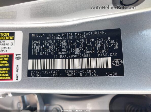 4T1DAACK8SU625089 2025 TOYOTA LE Silver ძრავის განყოფილების ხედი