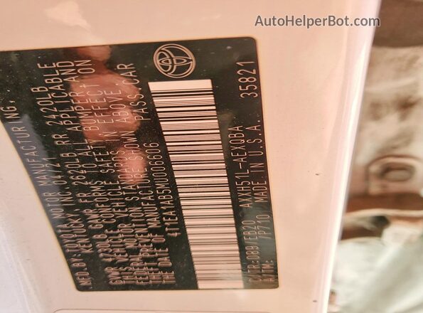 4T1EA1AB5MU006606 2021 TOYOTA AVALON White Vista del compartimento del motor